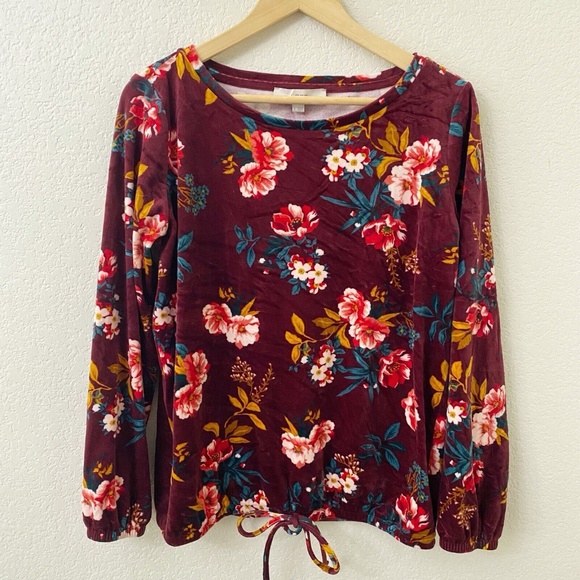 LOFT Velour Velvet Top Size Small Burgundy Floral Long Sleeves - Picture 2 of 5